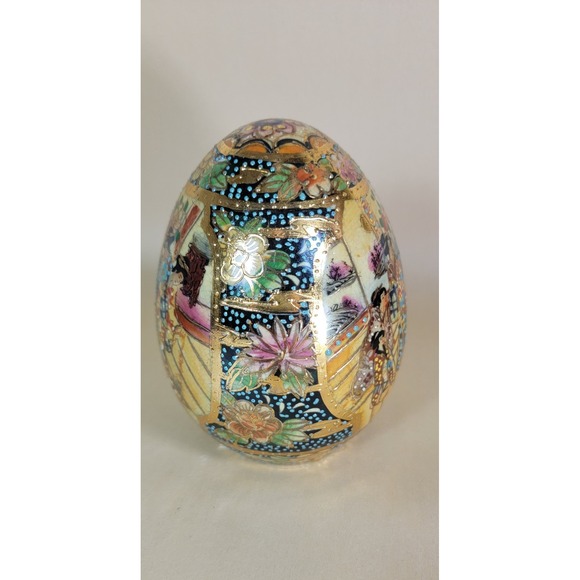 Vintage Chinese Satsuma Egg Geisha Girls Motif Hand Painted Moriage Porcelain 9" - Picture 4 of 9